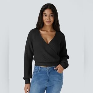 Halara V Neck Dropped Shoulder Long Sleeve Wrapped Relaxed Casual Sweater XL